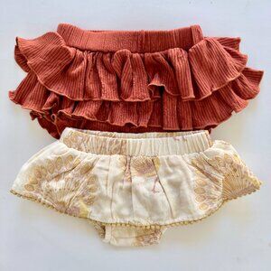 Kate Quinn Ruffle Bloomer Bundle | Rust Rib + Peacock Print | 6-12M